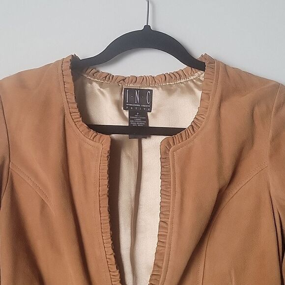NEW INC Suede P 0 Leather Brown Tan Camel Ruffle Blazer Fitted Boho Jacket Bell - Picture 2 of 16